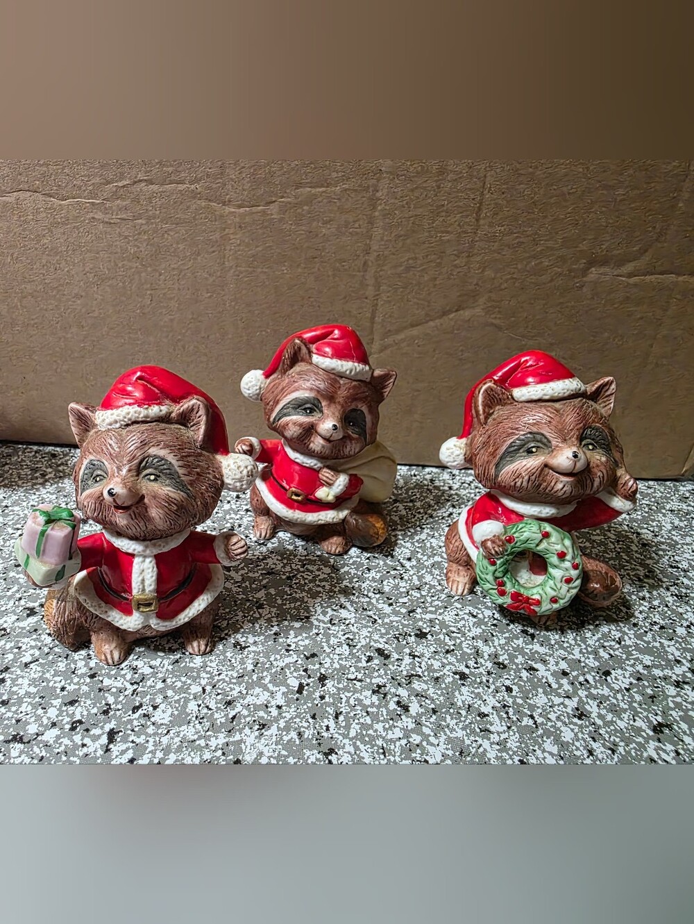 Homco 1980s Christmas Racoon Figurines Ceramic